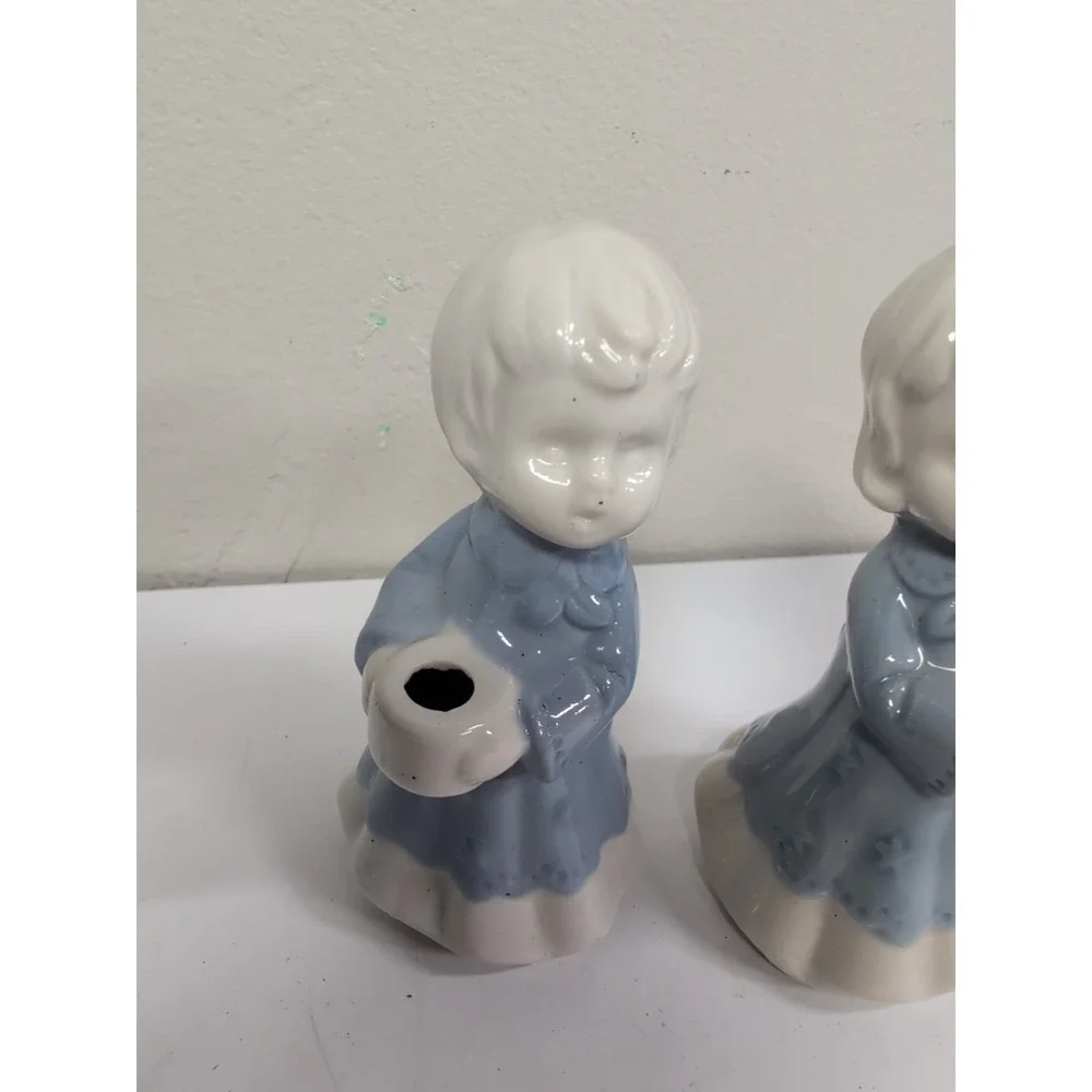 Vintage Ceramic Angle- Boy Girl Candle Holder Blue/White Made in Japan Figurines